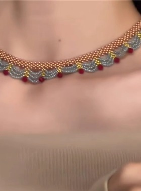 新中式红蓝撞色串珠choker项链女