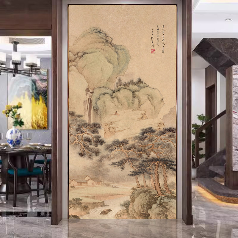 山水画宋代美学禅意玄关新中式入户走廊过道背景墙竖版壁画壁纸