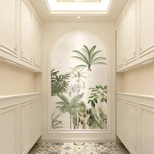 定制无缝墙布淡绿简约法式叶子壁画客厅卧室玄关背景墙布奶油壁纸