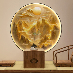 日出东方玄关装饰画轻奢山水走廊尽头墙纸新中式入户圆形壁纸壁画