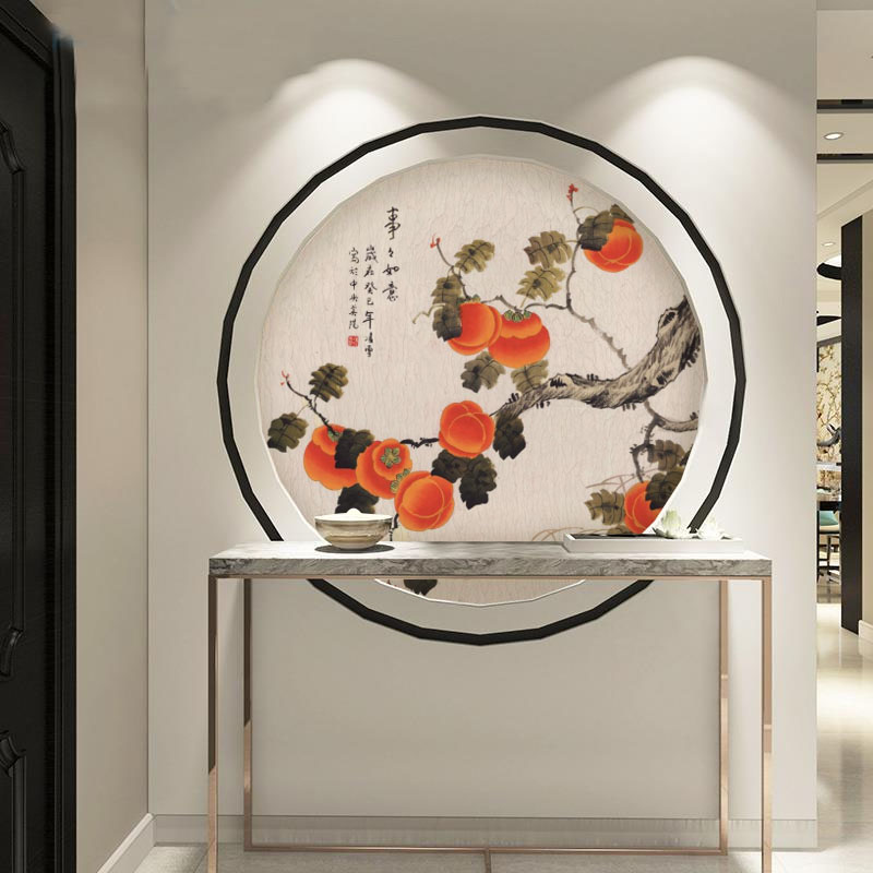 现代简约玄关圆形装饰画壁纸事事如愿柿子画饭厅墙纸壁画定制壁布图片