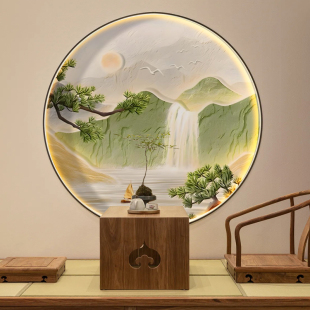 饰画轻奢高档画芯山水画客厅壁纸圆形餐厅壁画 流水生财入户玄关装