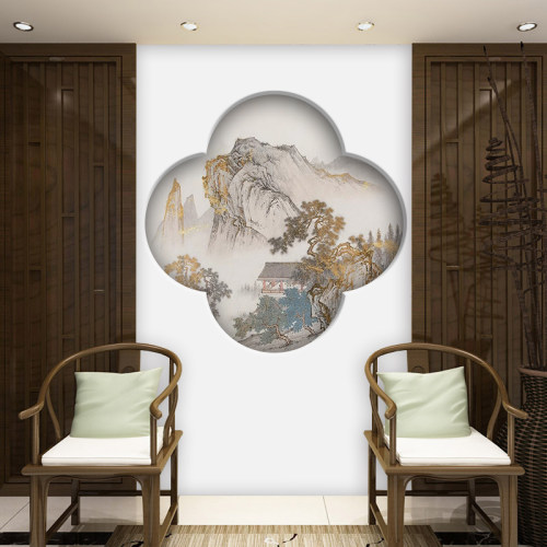 新中式山水梅花框四叶草玄关装饰画餐厅沙发背景墙3D壁画走廊墙纸