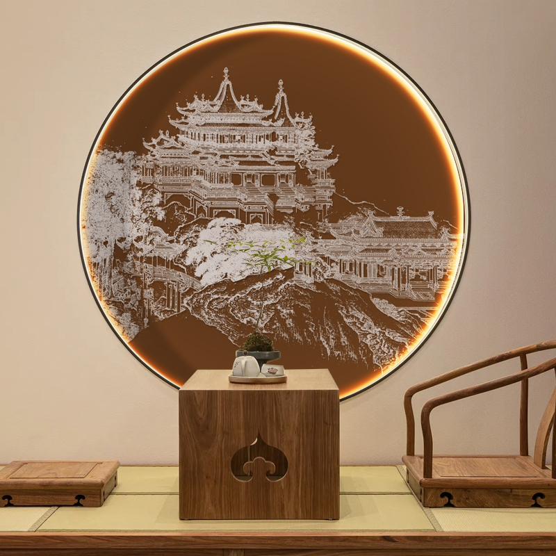 新中式入户门玄关装饰画过道走廊墙画圆形风景画轻奢壁画壁纸墙纸图片