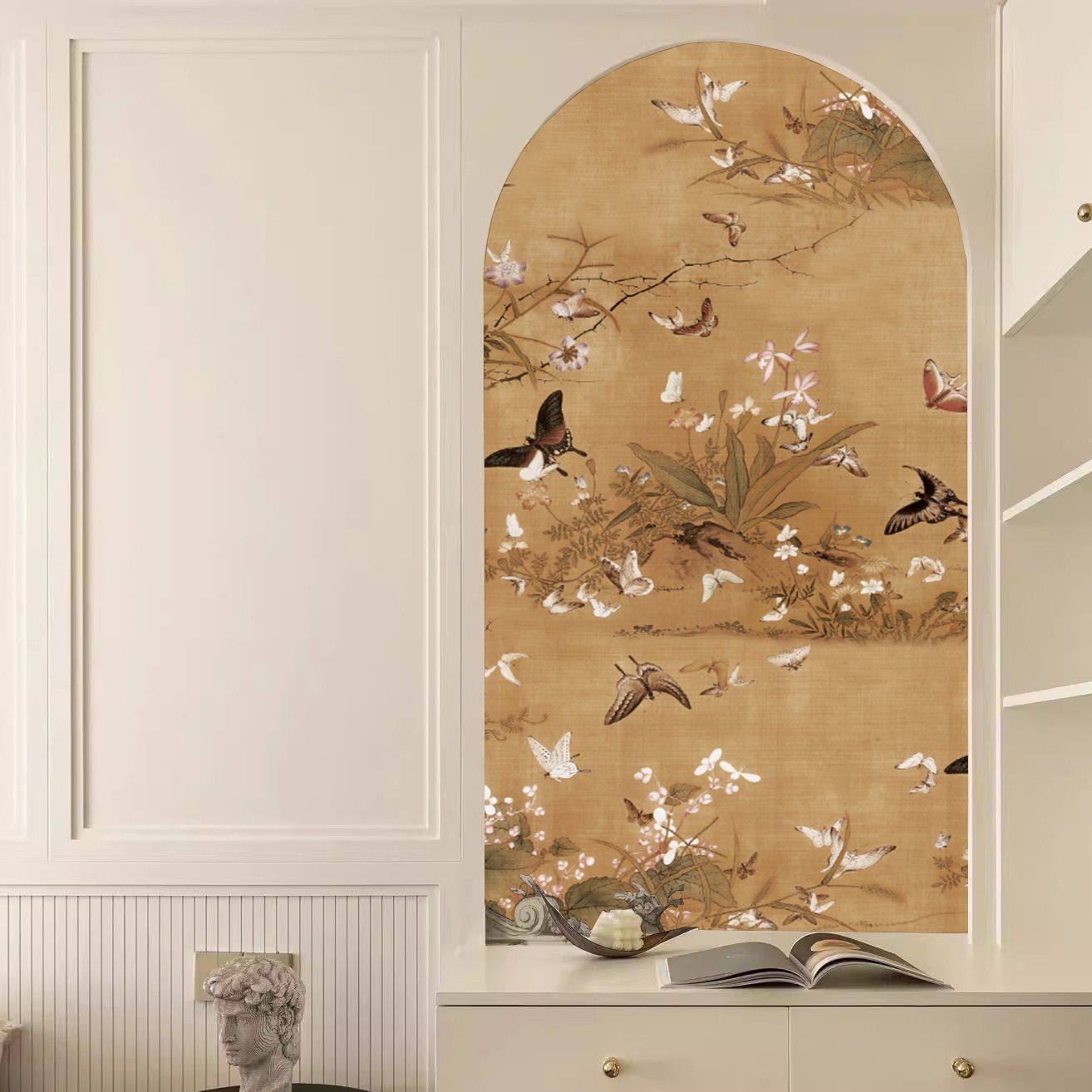 中古风复古壁画弧形玄关装饰画新中式高级感百蝶图沙发背景墙定制,家装主材,无纺布墙纸,淘宝优惠券,粉丝福利购,淘宝优惠卷