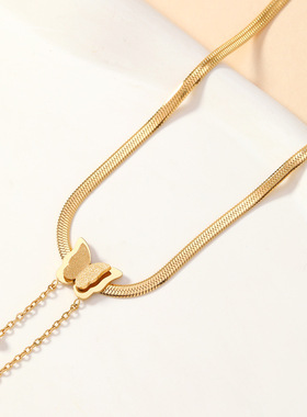 欧美爆款钛钢蝴蝶流苏项链