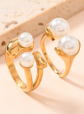 日韩风不锈钢镶珍珠钛钢戒指