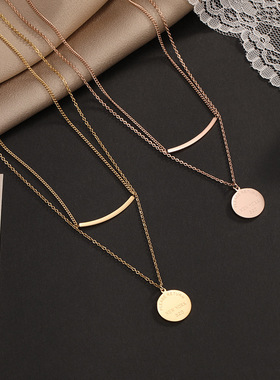 新款双层微笑项链女钛钢金色