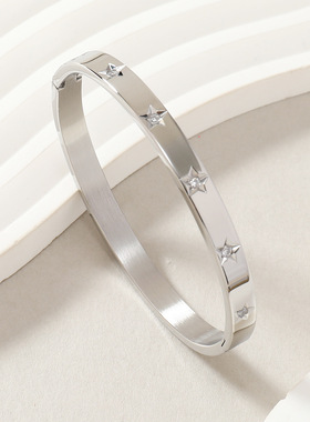 跨境热卖O型钛钢五角星镶钻手镯