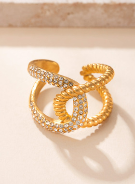 跨境热销钛钢微镶钻开口戒