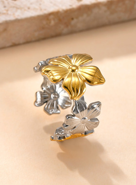 跨境新款不锈钢花朵爱心拼色戒指