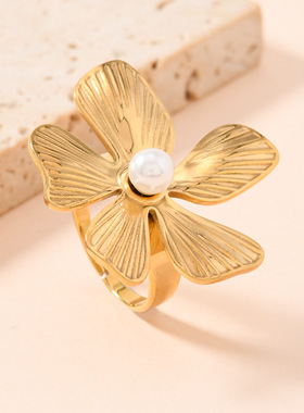 欧美钛钢珍珠花朵开口戒指