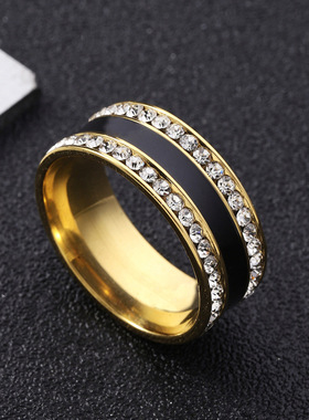 欧美风双排钻黑油钛钢戒指