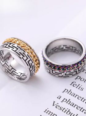 镂空长城可转链条钛钢情侣戒