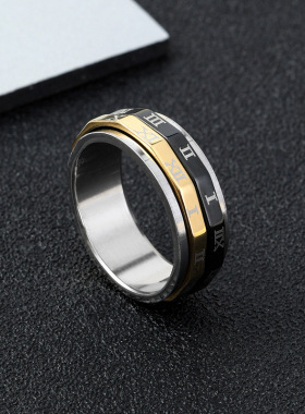 欧美简约双色钛钢罗马字戒指