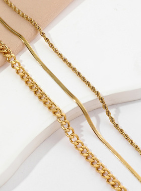 欧美嘻哈真金三层钛钢项链