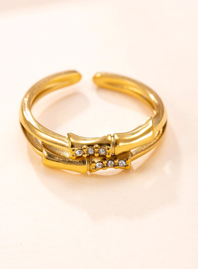 跨境新款钛钢竹节镶钻开口戒