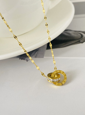 欧美钛钢玫瑰金双环锁骨链