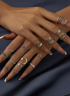 欧美外贸新款沙滩脚戒双爱心星星月亮关节脚戒18件开口脚戒指女