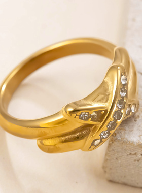 不锈钢交叉镶钻戒指女