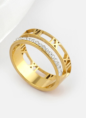 跨境时尚镂空罗马字钛钢戒指