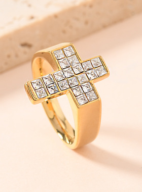 跨境不锈钢嘻哈朋克镶钻十字架戒