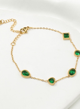 祖母绿锆石花朵钛钢手链