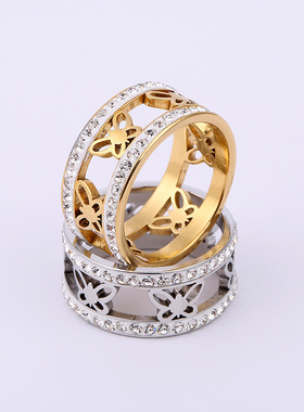 欧美风蝴蝶镶钻钛钢戒指