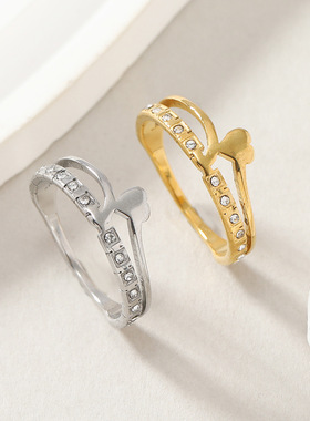 跨境小众钛钢爱心镶钻戒指