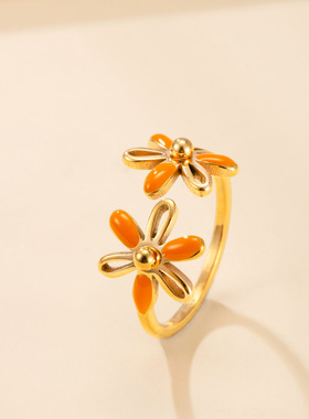 欧美跨境钛钢彩色滴油花朵戒指