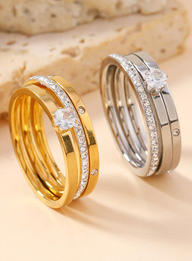 跨境轻奢镶钻不锈钢三件套戒指