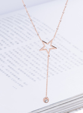 新款钛钢玫瑰金五角星项链