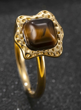 跨境新款不锈钢太阳花天然石戒指