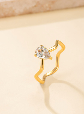 欧美风水滴锆石钛钢戒指