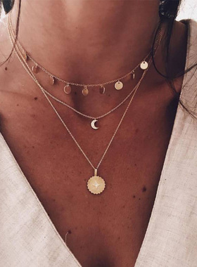 波西米亚新款时尚个性镶钻月亮太阳小圆片吊坠多层项链配饰首饰