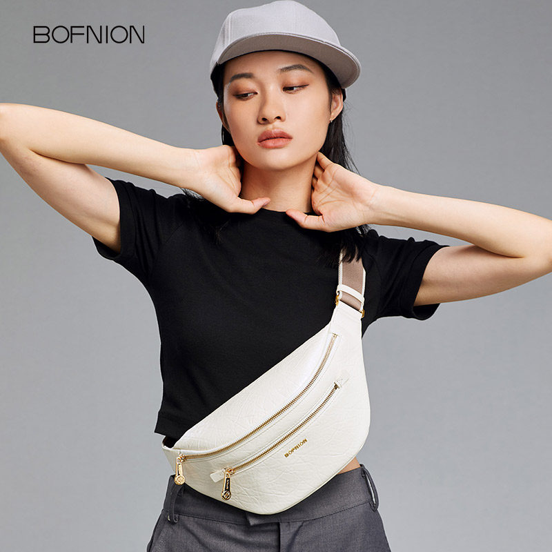 BOFNION头层牛皮胸包小众女包真皮斜挎单肩包饺子腰包时尚腋下包