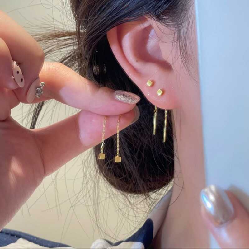 金色小方块流苏耳线女小众简约