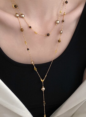 美拉德虎眼石珠珠项链女