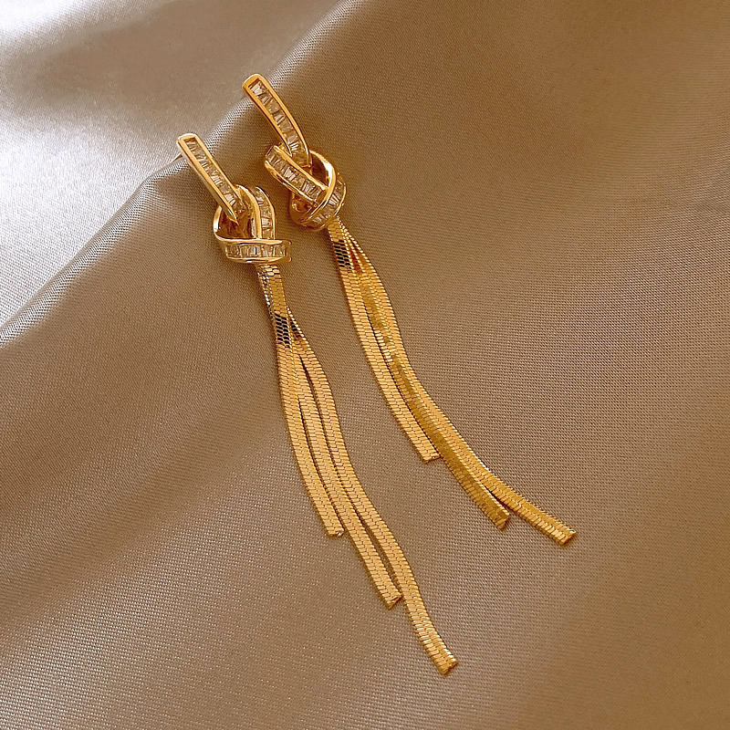 日韩金色绳结流苏耳钉女