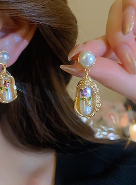 不规则巴洛克珍珠耳钉女款复紫色油画风气质百搭耳环古金色耳饰品