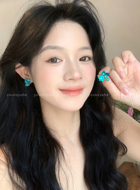 蓝色方糖花朵耳钉女轻奢高级感独特耳环度假小众耳饰品