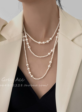 施家珠珠叠戴项链女2025新款爆款轻奢多层复古气质毛衣链锁骨链