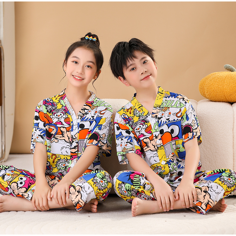 儿童薄款睡衣套装夏季男孩中大女童开衫棉绸短袖宝宝家居服空调服