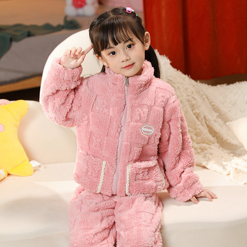 儿童秋冬季保暖睡衣套装加绒加厚法兰绒男童女孩子宝宝爆款家居服