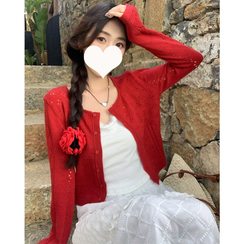 红色镂空短款针织开衫女夏薄款