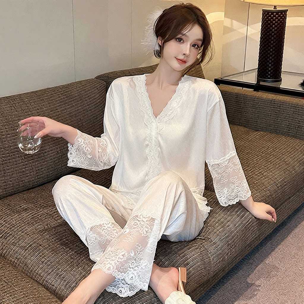 春夏季高级感冰丝蕾丝拼接女睡衣