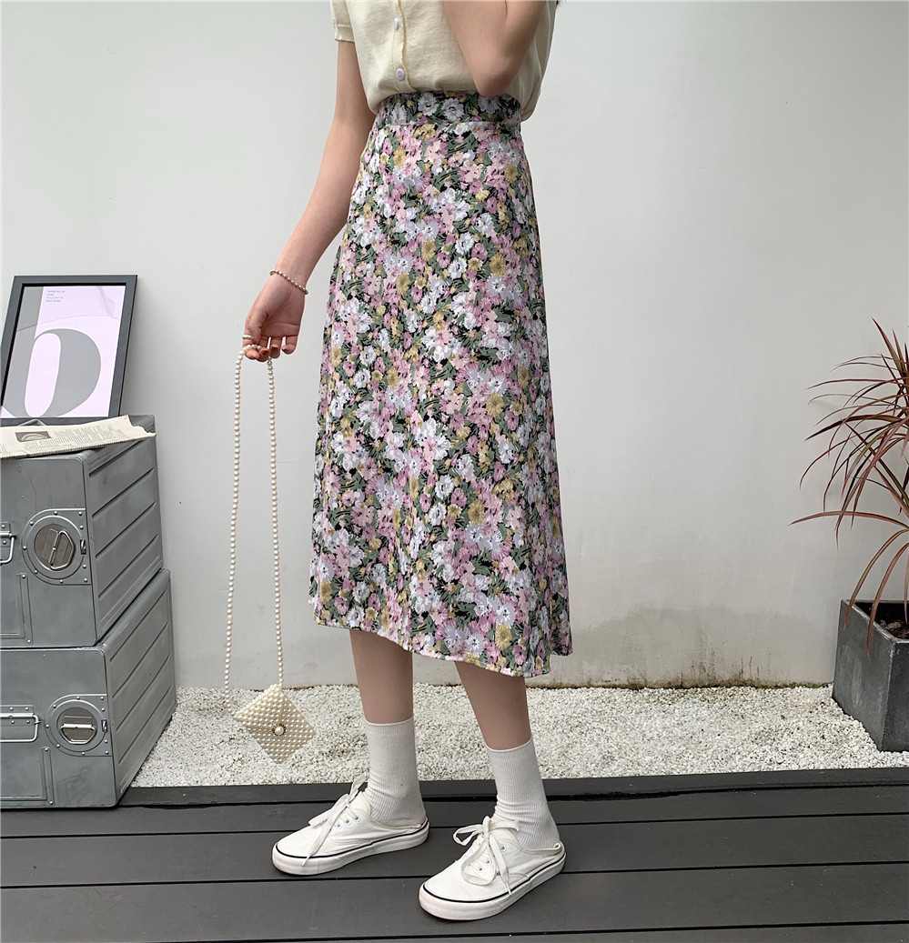 Real shot retro Daisy Chiffon floral skirt small summer new Korean high waist skirt