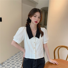 Korean fashion foreign style top with contrast lapel and summer bubble sleeve