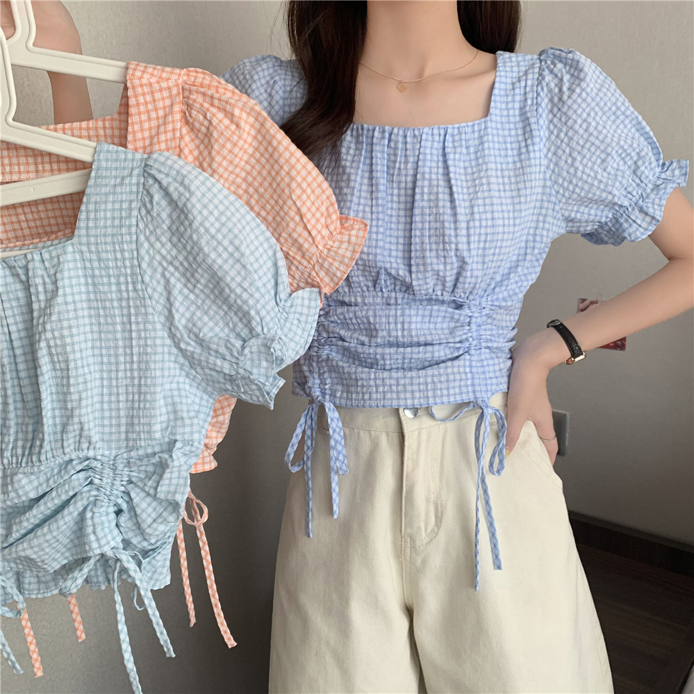 Real shot new Plaid lace up drawstring short shirt women's Ruffle square neck waist top bubble sleeve