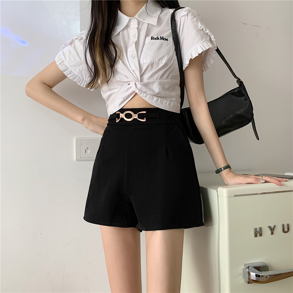 Real shot design sense personality high waist temperament shorts women's casual pants slim and versatile wide leg pants